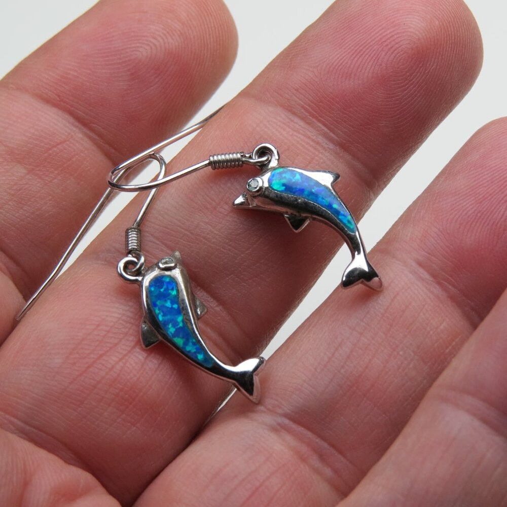 Sterling Silver Dolphin Opal Earring - image 1